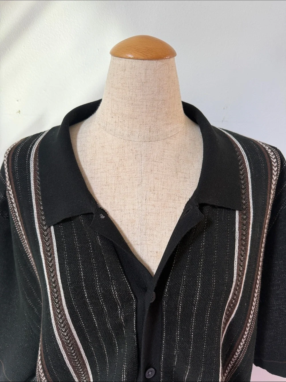 Men's Black Short-Sleeve Button Polo with Vertical Stripe Detail